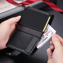 1 pieza Billetera de botón a presión llana para hombre, Portador de tarjetas de aluminio multifuncional con expulsión automática, gran capacidad de tarjetas