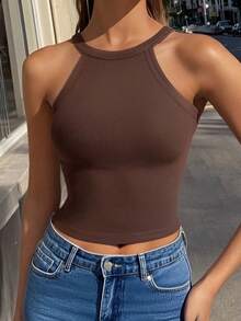 1 Áo ba lỗ dây mảnh màu trơn, thoải mái, tối giản, thường ngày, thường ngày, cắt cúp, có đệm ngực cố định, vừa vặn, tập luyện - màu nâu - Xem 4