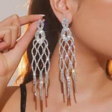 1 Pair Geometric Teardrop Shaped Golden/Silver Fully Diamond Crystal Rhinestone Long Tassel Earrings, Stage Performance Party Dress Accessories