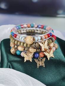 4pcs Bohemian Fashion Personalized Versatile Multi-Layer Stretch Bracelet, Creative Crystal Butterfly Pearl Beads Bracelet For Women, Birthday Party Gift - Coffee - View 3