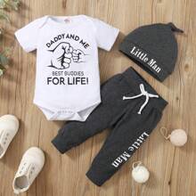 Baby Boy Fist Print Short Sleeve Romper And Pants Set With Hat