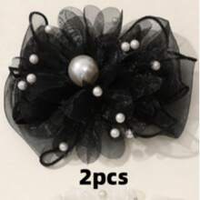 2 Pieces Elegant Black Floral Pearls Detachable Shoe Clips With Ruffle Net Bowknot Twist Design, Suitable For Wedding And Party High Heels, Shoe DIY Accessories