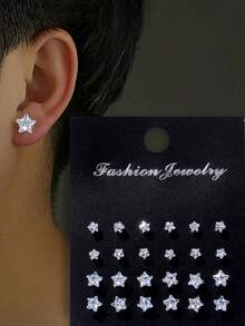 72pcs Geometric Round Star Square Cubic Zirconia Shiny Stud Earrings, Simple Punk Hip Hop Style, Big Set, Suitable For Party, Festival, Date, Gift And Daily Wear - Multicolor - View 9