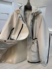 Women's Black And White Collision Autumn Zipper Front Long Sleeve Casual Cinched Waist Hooded Mid-Length Windbreaker Spring - Beige - View 4