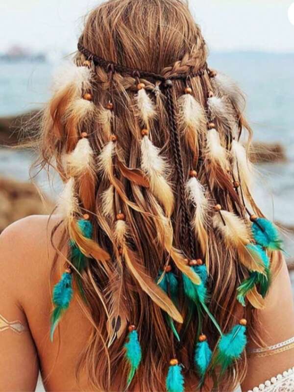 Women Bandana Boho Feather Headband Hippie Headpiece Black Costume Headdress Feather Headwear Hair Accessory For Women Fashion Hair Accessories Classic Hair Bands