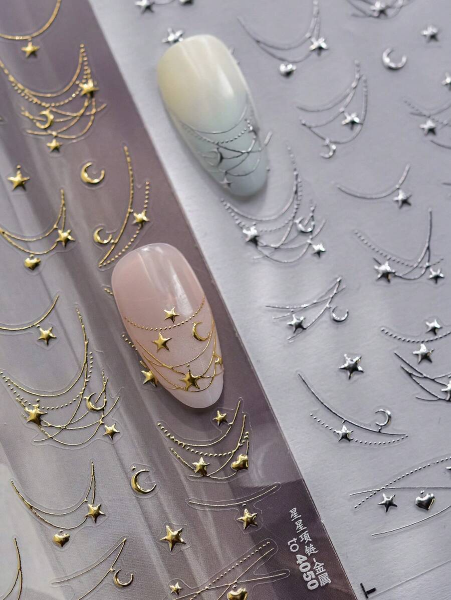 1条星月心形梦幻项链，5D镀金美甲贴纸，自粘美甲装饰贴纸，DIY美甲饰品 - 彩色 - 查看 1