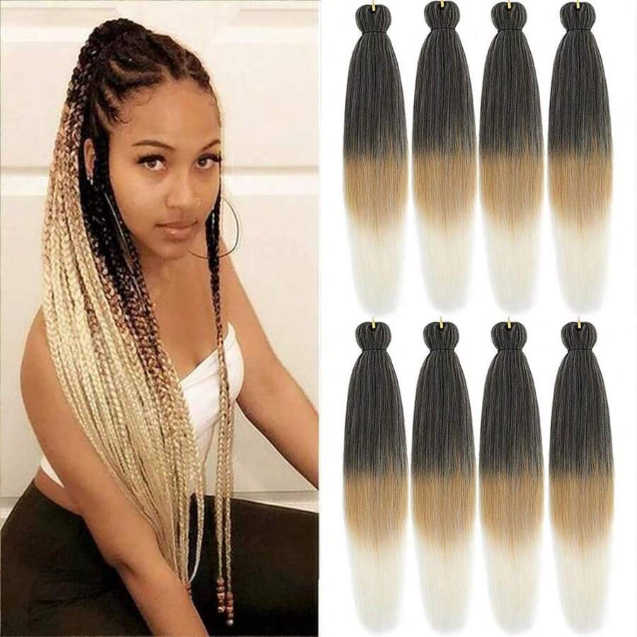 Ombre Pre Stretched Braiding Hair 30 Inch 8 Packs Synthetic Crochet Braids Hot Water Setting Professional Soft Texture Synthetic Hair Extensions 30 Inch 1B 27 - 1B/27/613(暗金色至白金) - 查看 1