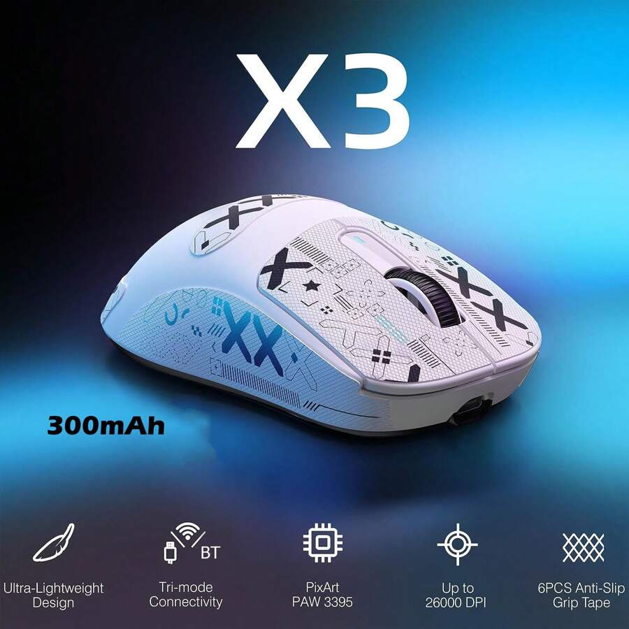 X3 49g SUPERLIGHT Mouse, PixArt PAW3395 Gaming Sensor, BT/2.4G Wireless/Wired Gaming Mouse, 6 Adjustable DPI Up To 26000, 200 Hrs Battery, Office Mice For Win11/PS/