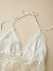 Women Sequin Halter Tops Y2K Sparkly Spaghetti Strap V Neck Slim Fit Sheer Mesh Cami Tank Tops Summer Backless Sleeveless Bling Glitter See Through Camisole Crop Tops Cute Going Out Vests Tops Party Club Streetwear - trắng - Xem 6