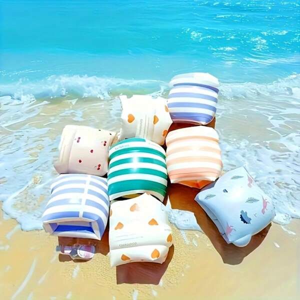 2 piezas Conjunto de pulseras a rayas, estilo retro engrosado, brazaletes de doble burbuja de aire, adecuado para nadadores principiantes y fiestas en la piscina, esenciales de playa, accesorios de playa, flotador de piscina