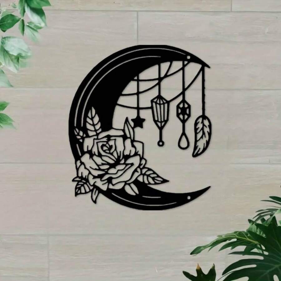 Boho Moon Metal Wall Art Decor, Black Moon And Flower Wall Hanging Decor Moon And Star Wall Art For Bedroom Living Room Home Garden-Design Your Own Metal Sign-Corrosion- Resistant, Resistant To Chemical Damage-Metal Signs Decor-Indoor Decoration - Black - View 1