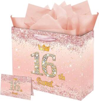 Vichona Rose Gold Sweet 16th Birthday Gift Bag For Girls, Decorations For Daughter Granddaughter Friends, 16 Years Old Card, StyleB