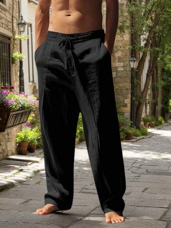 Men White Linen Blend Woven Loose Casual Pants, Suitable For Spring/Autumn & Summer, Fall