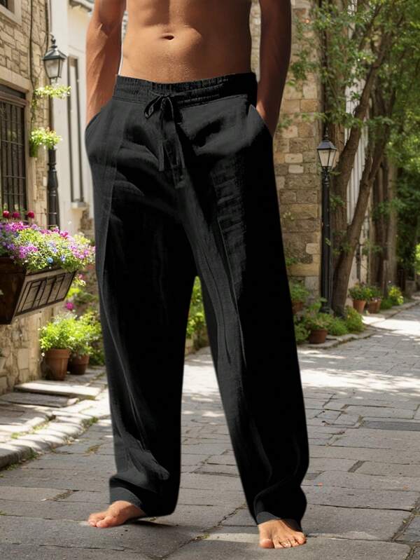 White Linen Blend Woven Loose Casual Pants, Suitable For Spring/Autumn & Summer