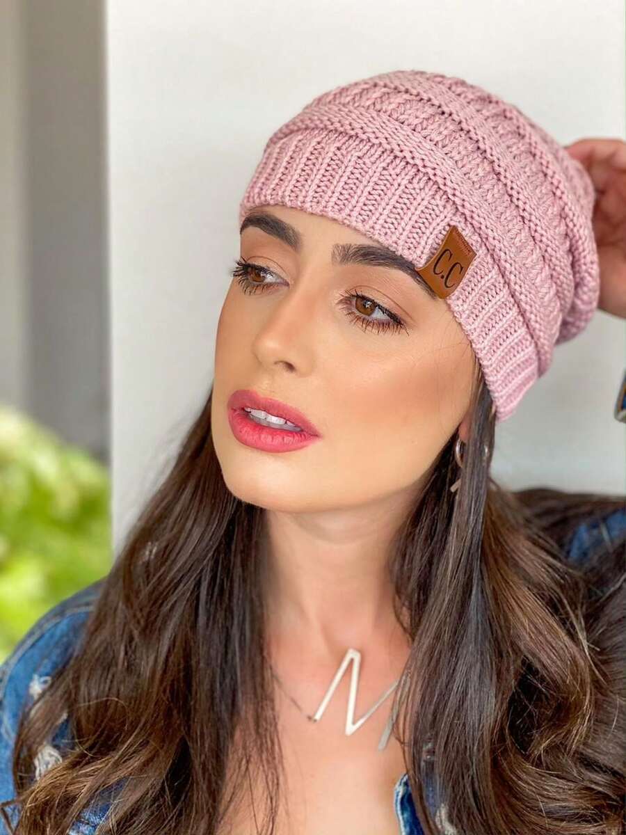 Unisex Striped Beanie Hat Other Fabric - Baby Pink - View 1