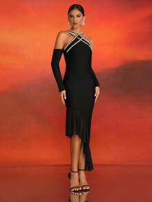 Love Aing Sophisticated Elegant European & American Style Long Sleeve Dress With Diamond-Studded Asymmetrical Mesh Splice And Lace Design - Black - View 4