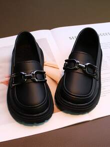 1 双儿童黑色皮革乐福鞋，一脚蹬软底休闲鞋，适合上学、春秋季、中大童 - 黑色 - 查看 2