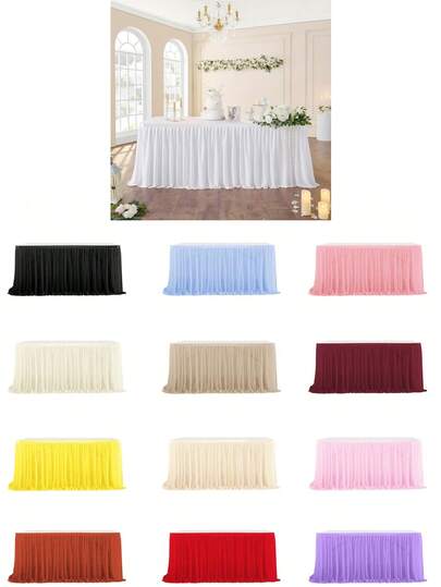 1pc 14/9/8/6/4ft Pearl Tulle Tablecloth, Wedding Sign-In Table Skirt, Suitable For Wedding, Birthday Cake Table Decor, Bridal Shower, Home Decor, Wedding Decoration, Wedding Supplies, Christmas Decor, Holiday Party Table Decor