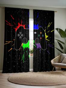 2 Pieces Of High-Definition Digital Color Game Console Handle Printed Decorative Curtains, Made Of Polyester Material, With Easy-To-Install Rod Pocket Design, Featuring A Modern Home Style, Semi-Transparent For Privacy Protection, Suitable For Daily Decoration In Bedrooms, Living Rooms, Game Rooms, Etc. - Game Console 1 - View 2
