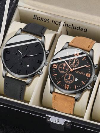 2 件男士 PU 皮革表带，时尚商务罗马数字刻度带日历石英表套装，适合日常佩戴装饰或节日礼物