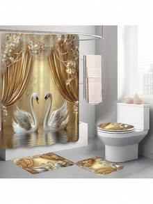 1pc/4pcs Golden Swan Design Bathroom Set, Printed Multi-Functional Decorative Shower Curtain With 12 Hooks, Bathroom Anti-Slip Mat, U-Shape Floor Mat And Round Toilet Seat Cover, Suitable For All Bathroom Scenarios Room Decor Bathroom Accessories Back To School Bathroom Decor - Multicolor - View 9
