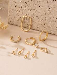 9 件方晶锆石耳环套装，包括耳钉、夹式耳环和吊坠耳环，适合日常佩戴、派对和所有季节 - 金黃色 - 查看 2