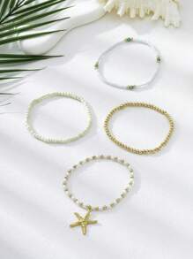 4pcs/Set Bohemian Handmade Beaded Stackable Elastic Bracelets, Colorful Multistrand Pearl Bead Bracelet With Gold Starfish Pendant, Anklet, Summer Beach Boho Jewelry Gift