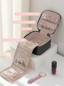 Portable PU Handle Jewellery Organizer, Jewellery Storage Bag, Travel Small Jewelry Case, Jewelry Box, PU Leather 4 Zipper Bags For Women Girl, Valentine's Day Gift, Marriage, Birthday Gift, Earrings Necklace Rings Storage Gift Box Black Back To School - Multicolor - View 2