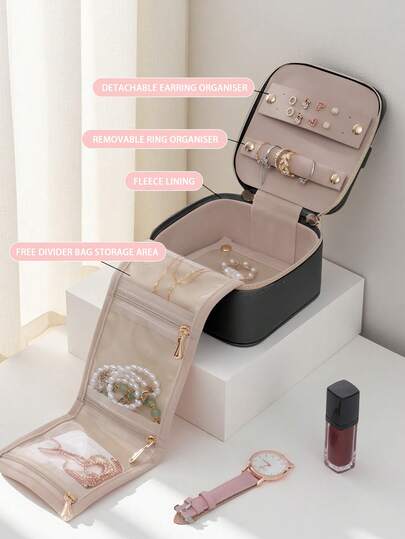 便携式PU手柄首饰收纳盒，首饰收纳袋，旅行小首饰盒，首饰盒，PU皮革四拉链袋，女士女孩适用，情人节礼物，结婚礼物，生日礼物，耳环项链戒指收纳礼盒，黑色，返校季礼物