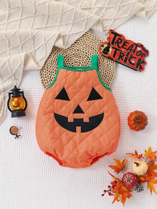 Halloween Pumpkin Romper For Toddlers, Cute Smiling Face Pattern, Soft Bodysuit Playsuit