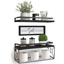 Floating Shelves, Bathroom Shelves Over Toilet With Wall Decor Sign, Wood Wall Shelves With Protective Metal Guardrail & Paper Storage Basket For Bathroom, Bedroom, Living Room, Kitchen - 黑色 - 查看 1