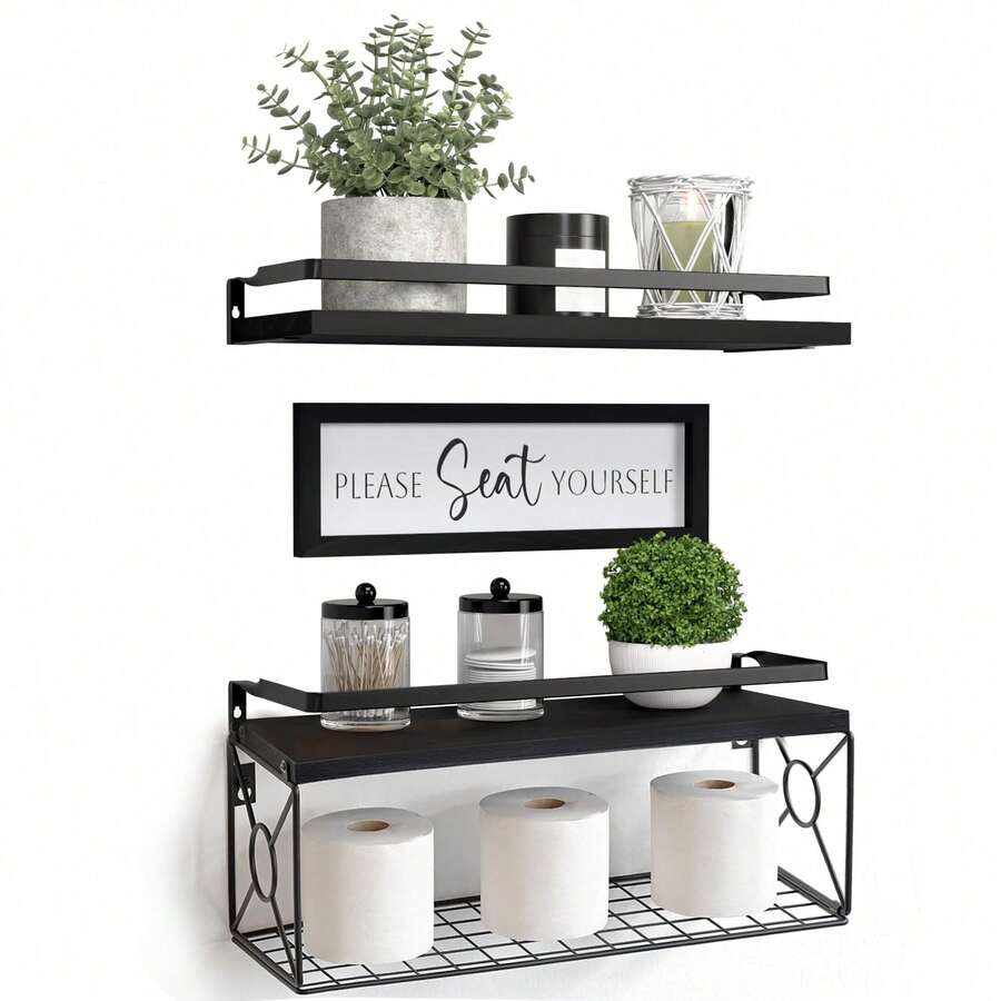 Floating Shelves, Bathroom Shelves Over Toilet With Wall Decor Sign, Wood Wall Shelves With Protective Metal Guardrail & Paper Storage Basket For Bathroom, Bedroom, Living Room, Kitchen - 黑色 - 查看 1