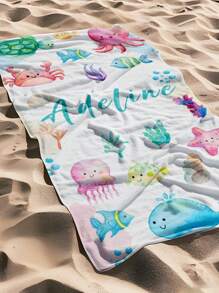 1PC Customized Name Ocean Beach Towels,Water Color,Sea Animal, Custom Name Beach Towel ,Personalized Girls/Boys Beach Towel, Custom Beach Towel For Girls/Boys,Perfect For Outdoor Beach Travel Swimming Gym Yoga, Beach Accessories,Custom Beach Towel For Friends, Multiple Sizes Of Beach Towels To Choose Froml