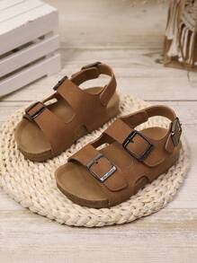1 Pair Children Double Buckle Non-Slip Soft-Bottom Minimalist Fashion Flat Sandals, Suitable For Summer