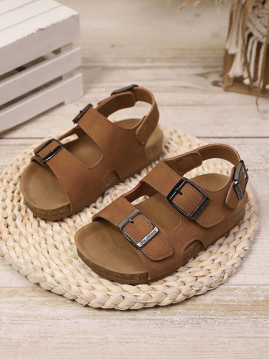 1 Pair Children Double Buckle Non-Slip Soft-Bottom Minimalist Fashion Flat Sandals, Suitable For Summer