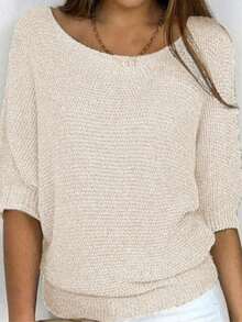 大码女式休闲纯色套头衫，春夏 - 米色 - 查看 1