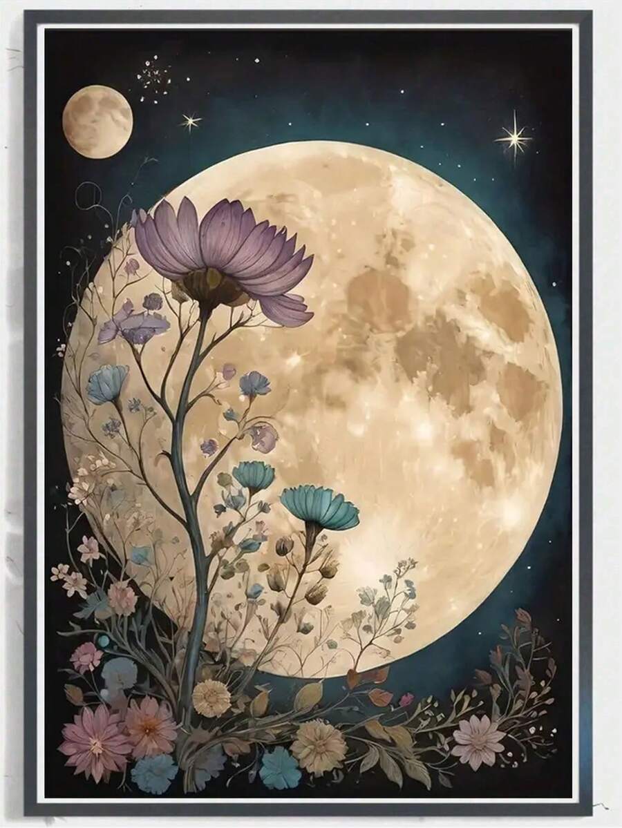 DIY 5D 月亮和花朵钻石画满钻圆形钻石，家居装饰工艺品