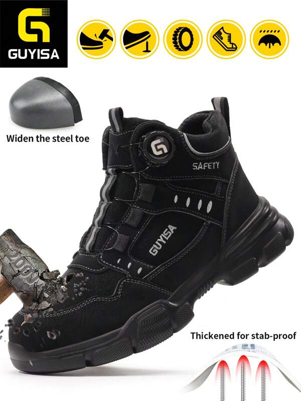 GUYISA Herren Sicherheitsschuhe, wasserdicht, mit Stahlkappe, stoßfest, durchstichdicht, farbiger Schnellschnürverschluss, leichtgewichtig 4-Jahreszeiten hoher Schnürschuh für Outdoor-Arbeit