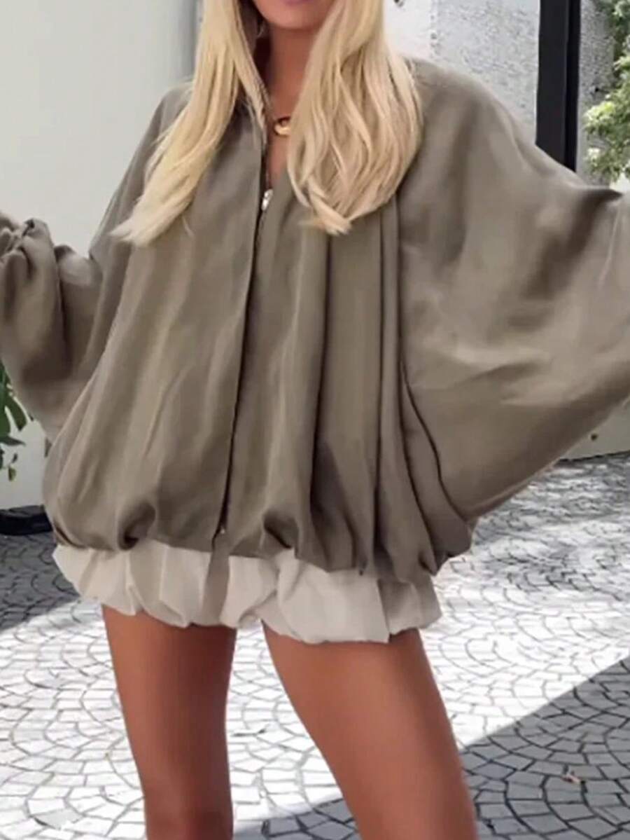 Chaqueta holgada con cremallera, mangas tipo murciélago y pliegues, de tela tejida de unicolor para primavera
