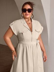 Plus Size Women's Autumn New Zipper Pocket Decor Long Dress, Fashionable Commuter, Office Outfits For Women, Teacher Outfits For Women