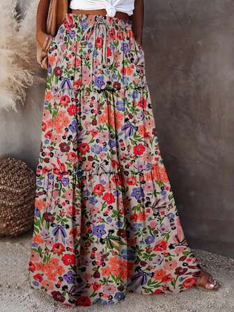 Women's Casual Floral Print Ruffle Hem Long Skirt