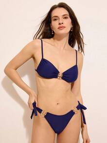 Costasola Beach Summer Outfits Women Solid Shoulder Strap Metal Starfish Decor Side Tie Bikini Sets, Sexy Swimsuits - Blue - View 2