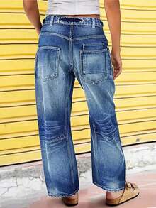 Pantalones vaqueros de cintura media con pernera ancha y estilo informal, sueltos y amplios, con cordón y ojales en la cintura para mujeres - Lavado medio - Ver 2