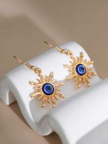 1 Pair Bohemian Style Baroque Sunflower Faux Jade Plated Gold Dangle Earrings, Elegant & Fashionable Earring Hooks - Sun - View 5