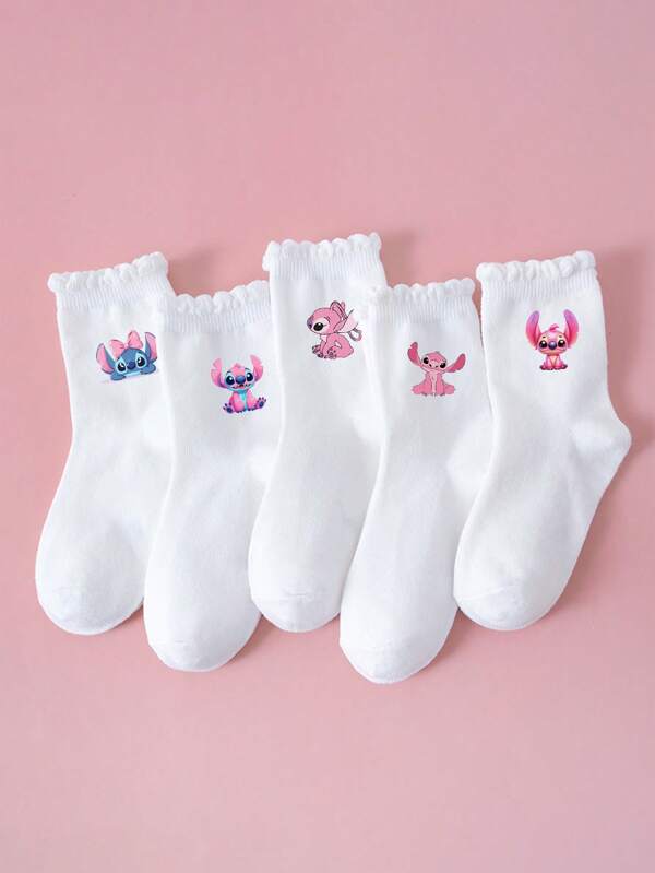 Disney 5 Pairs Disney & Stitch Girls/Kids Spring/Summer Thin Socks, White Campus Socks, Athletic Socks, Cute Cartoon Stitch Pattern, Bow Decor, Fashion Soft Comfortable Breathable Sports Casual Mid-Calf Socks, Suitable For School, Daily Wear, Gifts, Travel