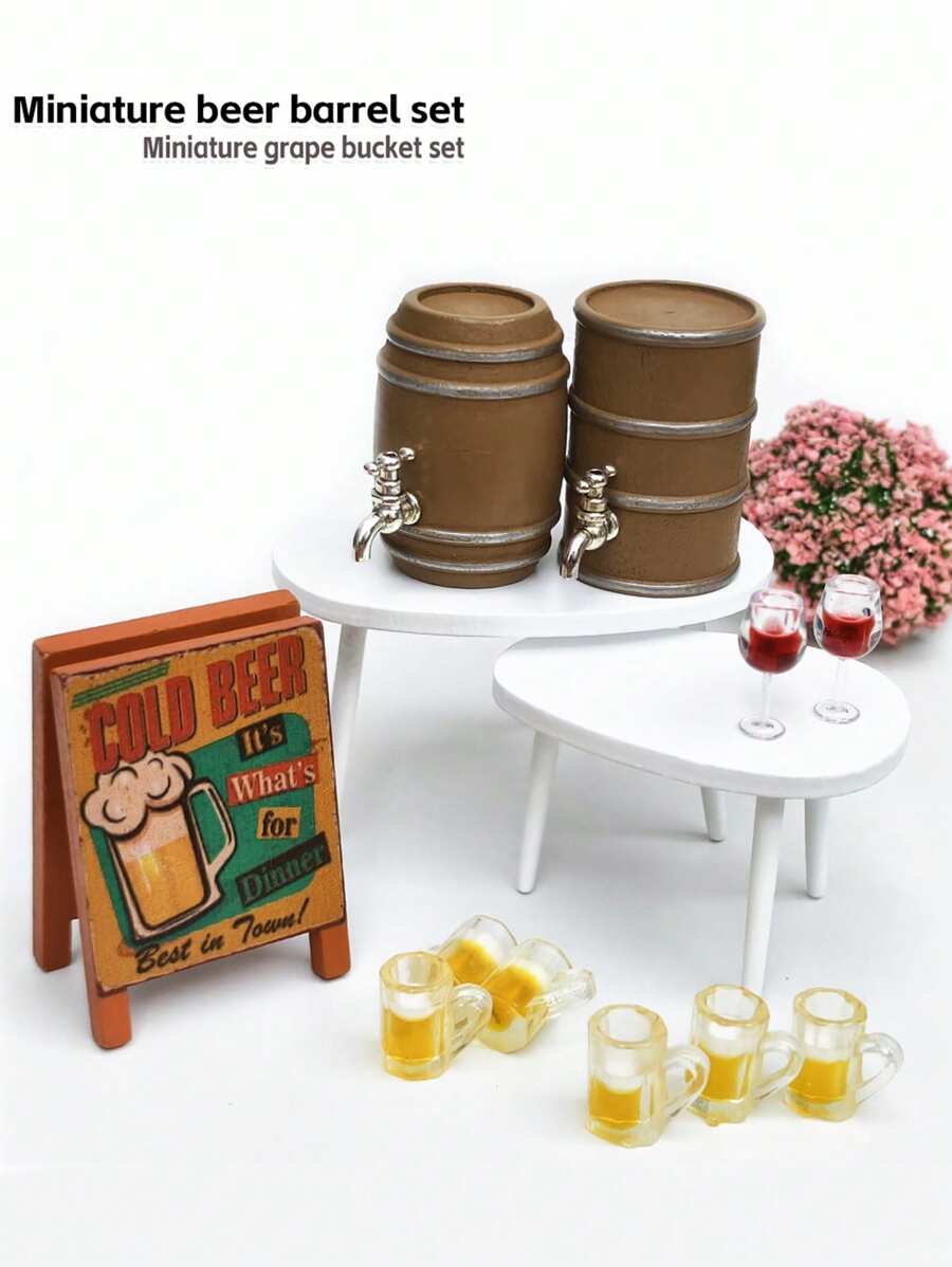 1:12 Dollhouse Accessory - Wooden Beer Barrel/Wine Barrel Set With Bucket Top, Mini Wine Glass/Beer Glass, Mini Wooden Beer Sign, DIY And Decorate Your Own Perfect Project!