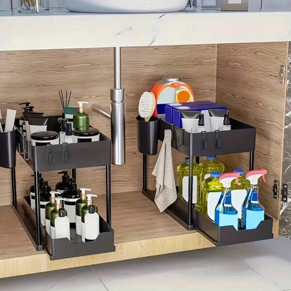 1set Under Sink Organizer, 2-Tier Sliding Cabinet Basket Organizer Drawers, Under Sink Organizers And Storage Bathroom Kitchen Cabinet Organizer With Hooks Cup The Bottom Drawers Can Be Slid Out, Kitchen Accessories
