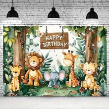 Fundal de ziua de naștere în junglă pentru animale sălbatice, dimensiune, fundal de fotografie din poliester, decorare de petrecere cu desene animate la grădina zoologică, material textil de fundal foto pentru botez, fundal de petrecere cadou, nu necesită electricitate
