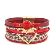 Bohemian PU Leather Wrap Bracelet With Magnetic Clasp Style Heart Charm Bracelet Everyday Wear-No Mosaic Material-All Seasons Easter Gift, Gold Color, For Women