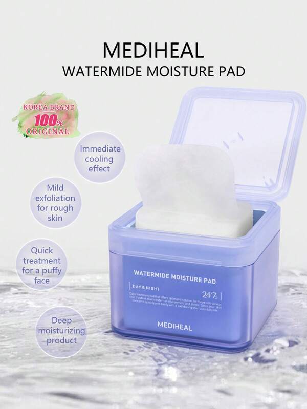 Mediheal Almohadilla hidratante Watermide, traslúcida y transparente, de color aqua lácteo, de algodón acolchado, con hidratación luminosa, capa esponjosa, absorción en 10 segundos, sin residuos, recipientes seguros para viajes, sello higiénico, cuidado post-sol, esencial para bolsa de gimnasio, preparación para el maquillaje, alternativa a la máscara nocturna, K-Beauty, maquillaje coreano, 100 unidades/150ml/5.07 fl.Oz.